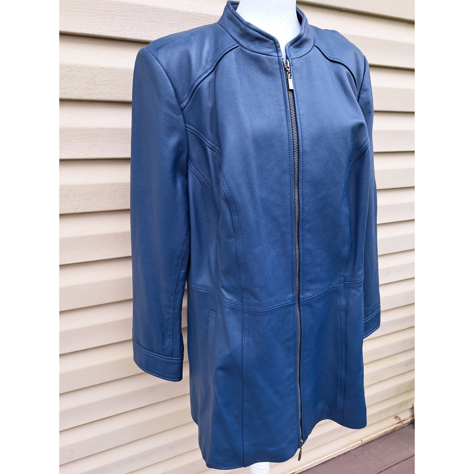 Denim & Co. Women's Navy Blue Leather Jacket Xlp Front Zipper Coat — image 6 of 8